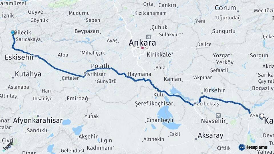 Bilecik Kayseri Arası Kaç Km - Yol Haritası