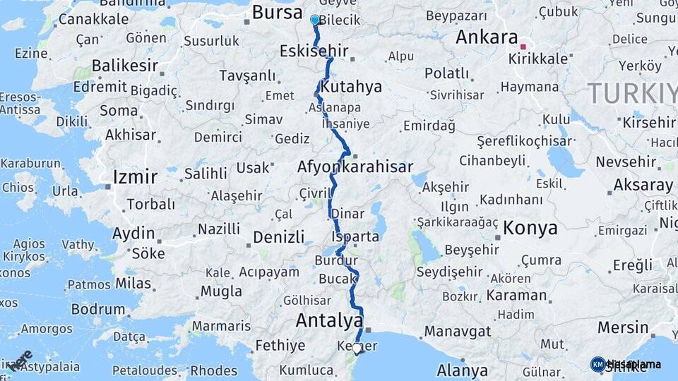 Bilecik Kemer Antalya Arası Kaç Km - Yol Haritası
