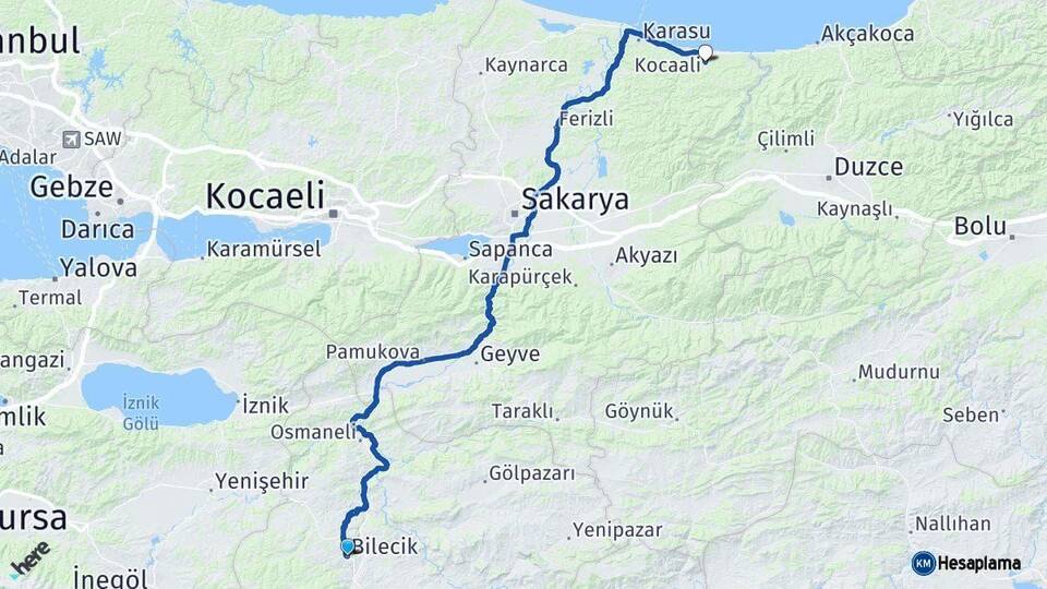 Bilecik Kocaali Sakarya Arası Kaç Km - Yol Haritası