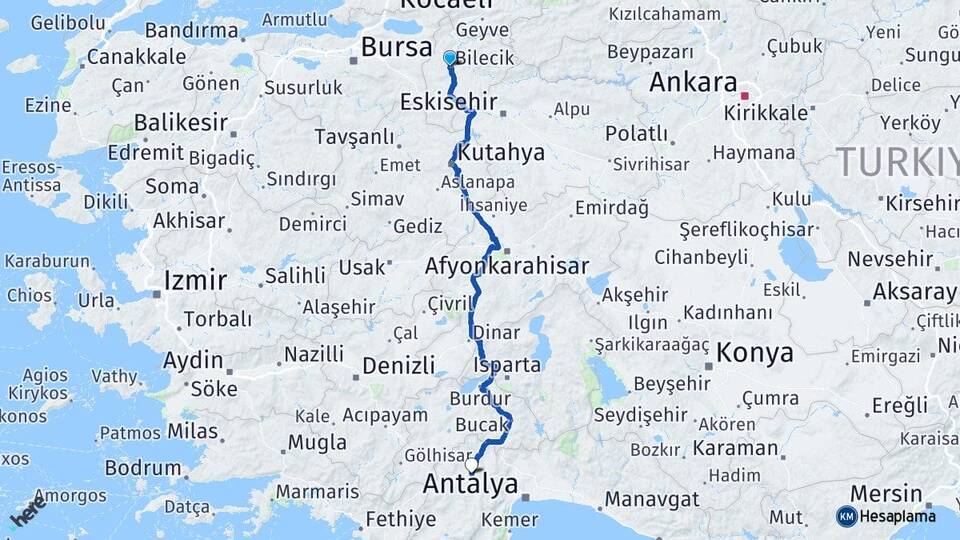 Bilecik Korkuteli Antalya Arası Kaç Km - Yol Haritası