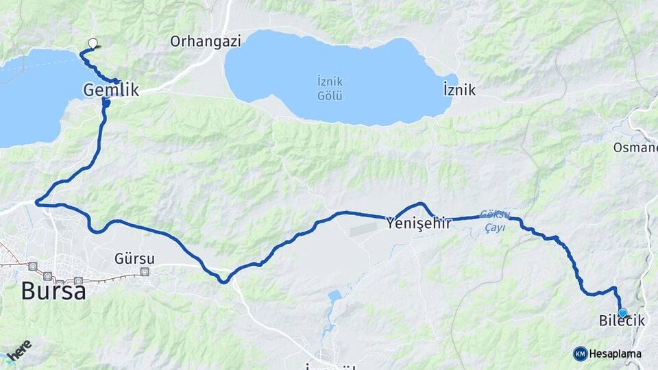 Bilecik Küçükkumla Gemlik Bursa Arası Kaç Km - Yol Haritası