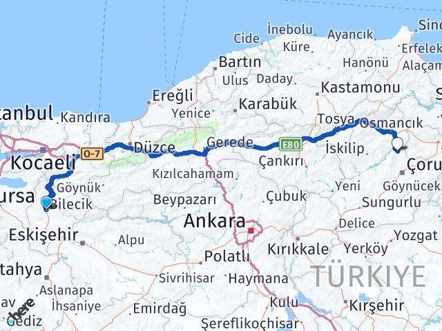 Bilecik Laçin Çorum Arası Kaç Km - Yol Haritası