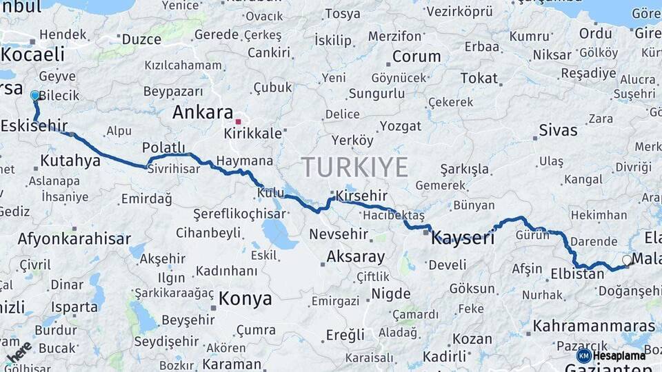 Bilecik Malatya Arası Kaç Km - Yol Haritası