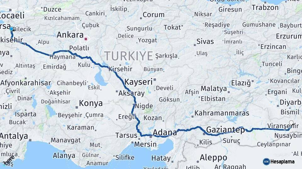 Bilecik Mardin Arası Kaç Km - Yol Haritası