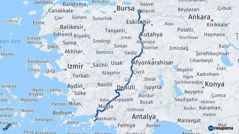 Bilecik Marmaris Muğla Arası Kaç Km - Yol Haritası