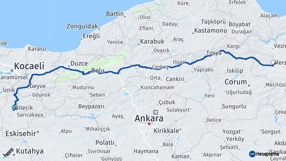 Bilecik Merzifon Amasya Arası Kaç Km - Yol Haritası