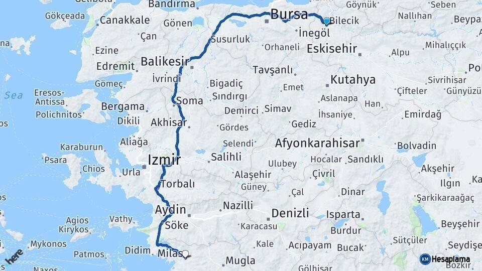 Bilecik Milas Muğla Arası Kaç Km - Yol Haritası