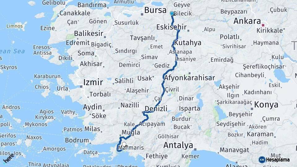 Bilecik Muğla Arası Kaç Km - Yol Haritası