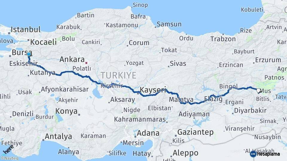 Bilecik Muş Arası Kaç Km - Yol Haritası