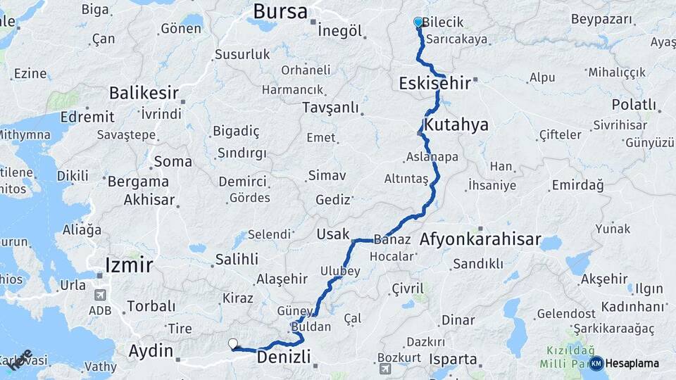 Bilecik Nazilli Aydın Arası Kaç Km - Yol Haritası