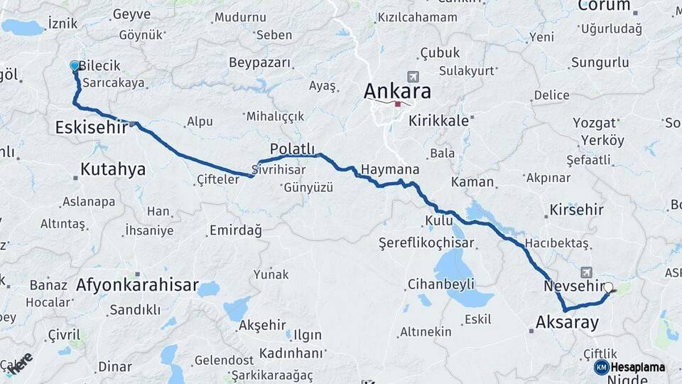 Bilecik Nevşehir Arası Kaç Km - Yol Haritası