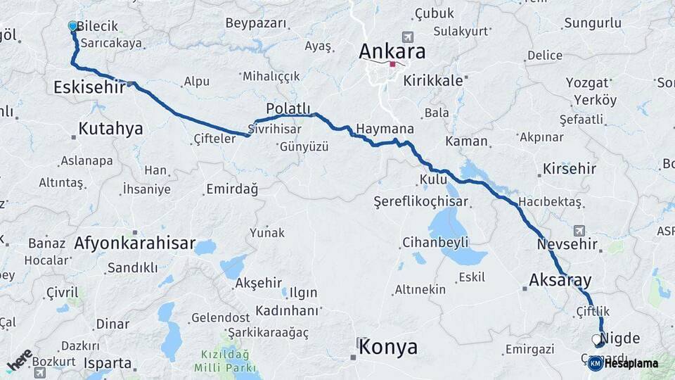 Bilecik Niğde Arası Kaç Km - Yol Haritası