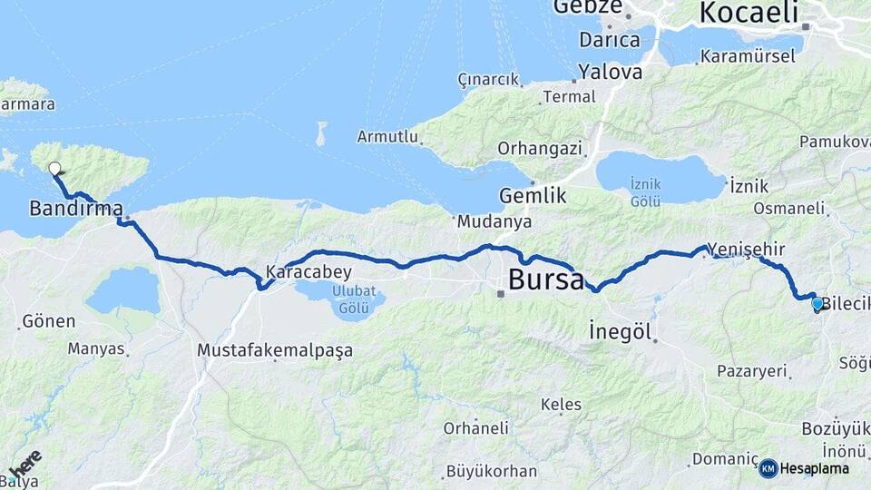 Bilecik Ocaklar Erdek Balıkesir Arası Kaç Km - Yol Haritası