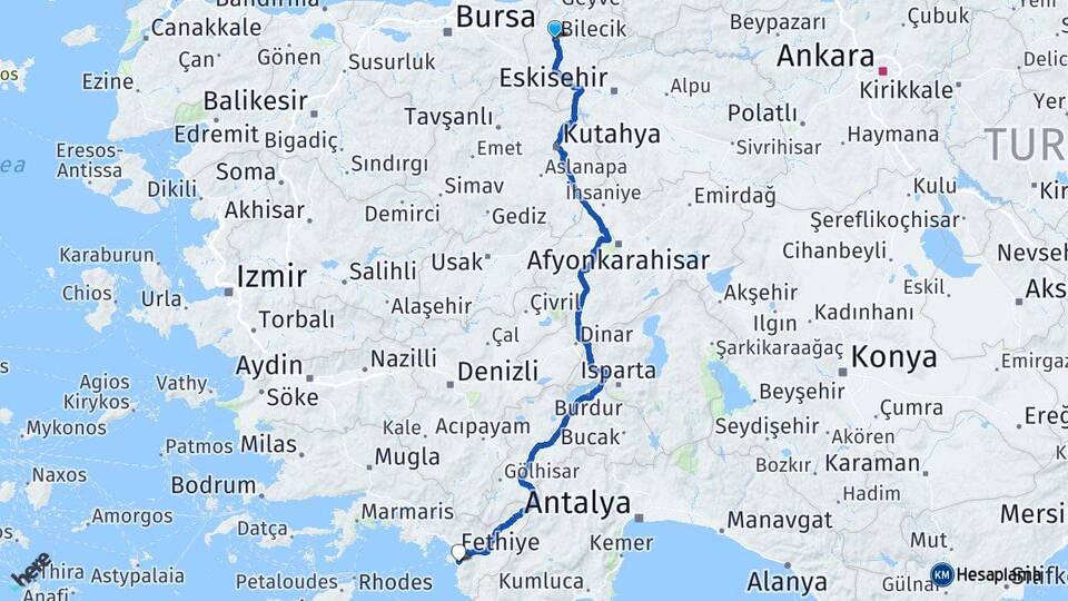 Bilecik Ölüdeniz Fethiye Muğla Arası Kaç Km - Yol Haritası