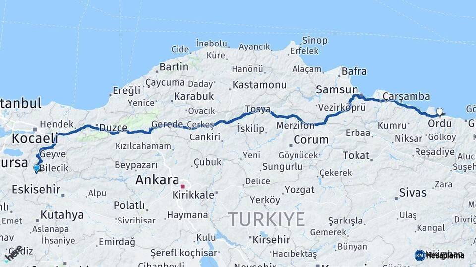 Bilecik Ordu Arası Kaç Km - Yol Haritası