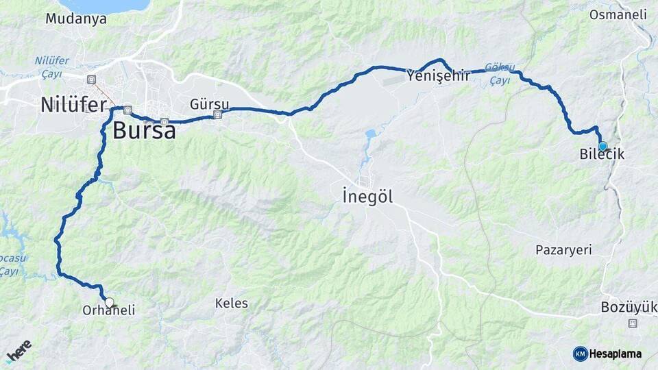 Bilecik Orhaneli Bursa Arası Kaç Km - Yol Haritası