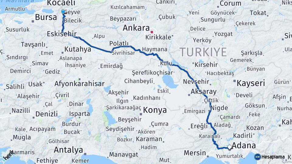 Bilecik Osmaneli Adana Arası Kaç Km - Yol Haritası