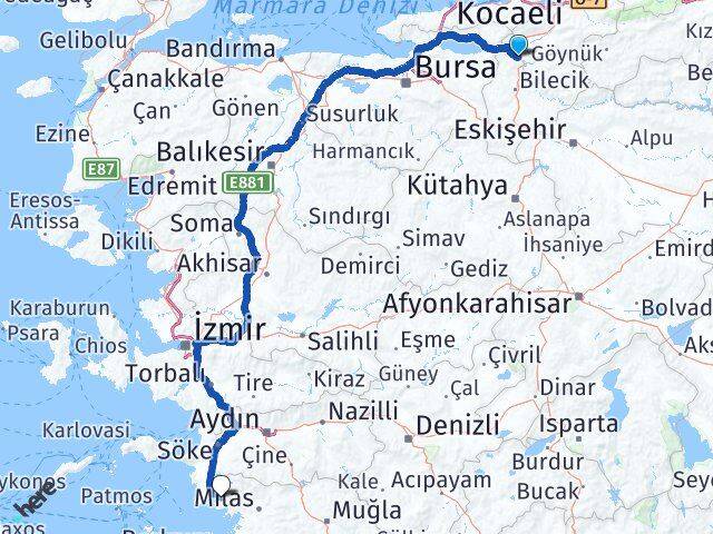 Bilecik Osmaneli Akbük Didim Aydın Arası Kaç Km - Yol Haritası