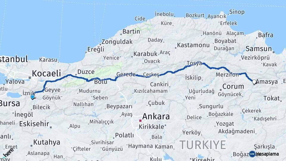 Bilecik Osmaneli Amasya Arası Kaç Km - Yol Haritası