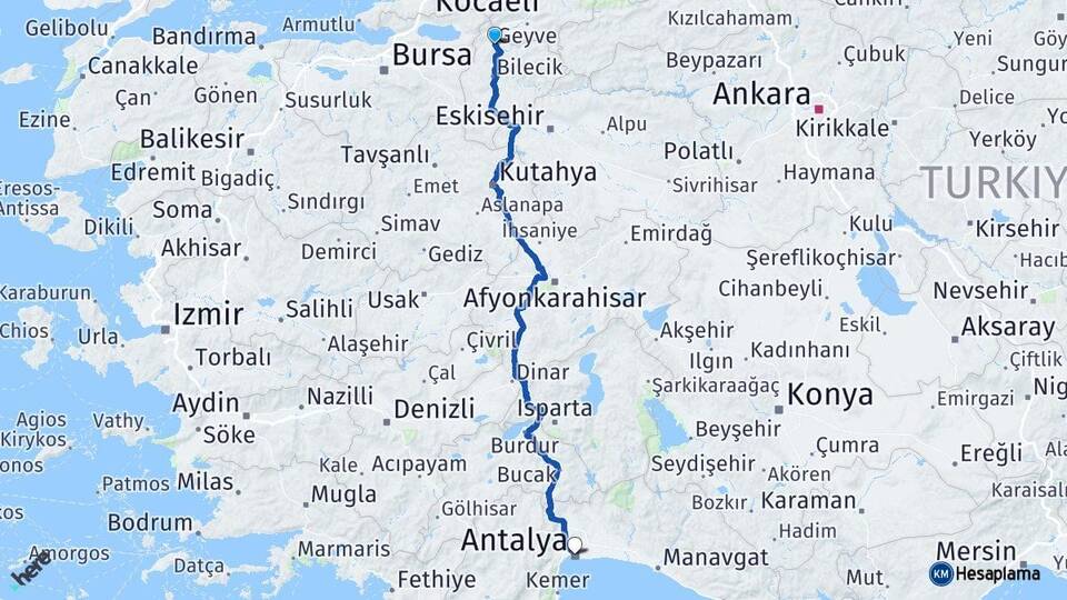 Bilecik Osmaneli Antalya Arası Kaç Km - Yol Haritası