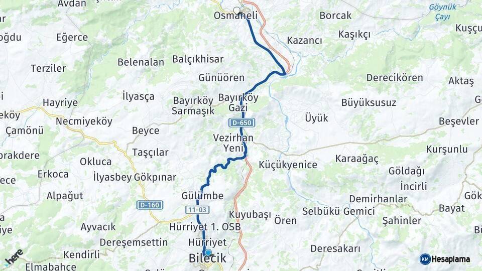 Bilecik Osmaneli Arası Kaç Km - Yol Haritası
