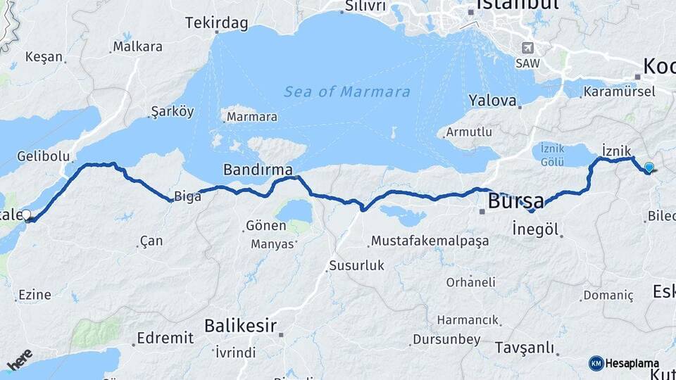 Bilecik Osmaneli Çanakkale Arası Kaç Km - Yol Haritası