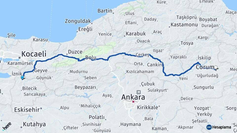 Bilecik Osmaneli Çorum Arası Kaç Km - Yol Haritası
