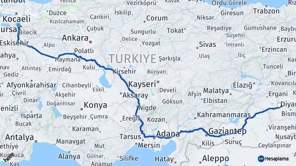 Bilecik Osmaneli Diyarbakır Arası Kaç Km - Yol Haritası