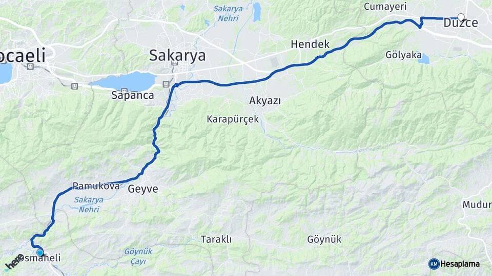 Bilecik Osmaneli Düzce Arası Kaç Km - Yol Haritası