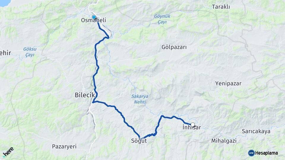 Bilecik Osmaneli İnhisar Arası Kaç Km - Yol Haritası