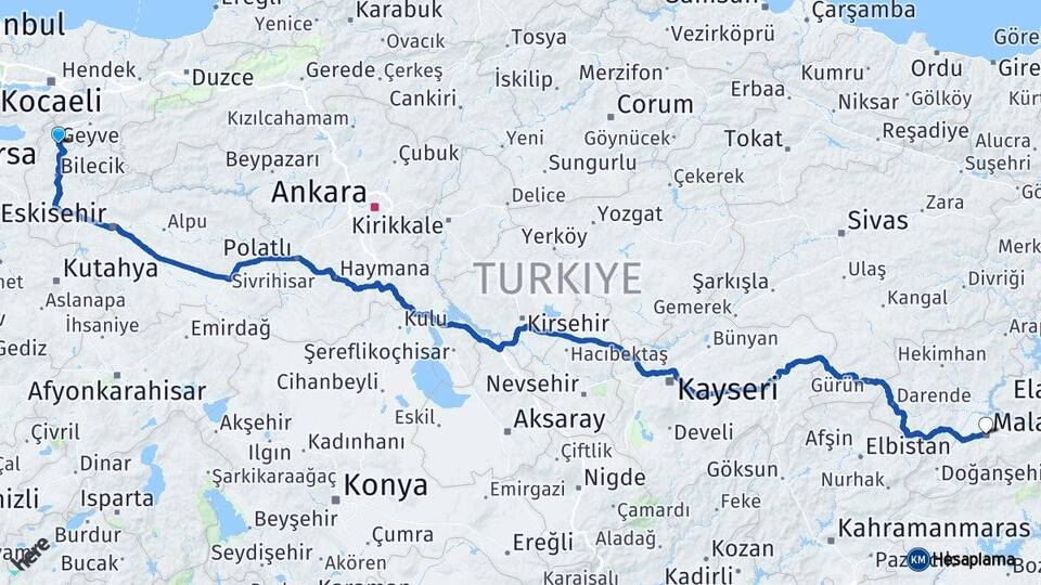 Bilecik Osmaneli Malatya Arası Kaç Km - Yol Haritası