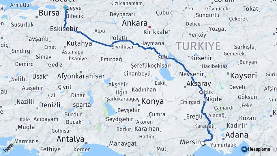 Bilecik Osmaneli Mersin Arası Kaç Km - Yol Haritası
