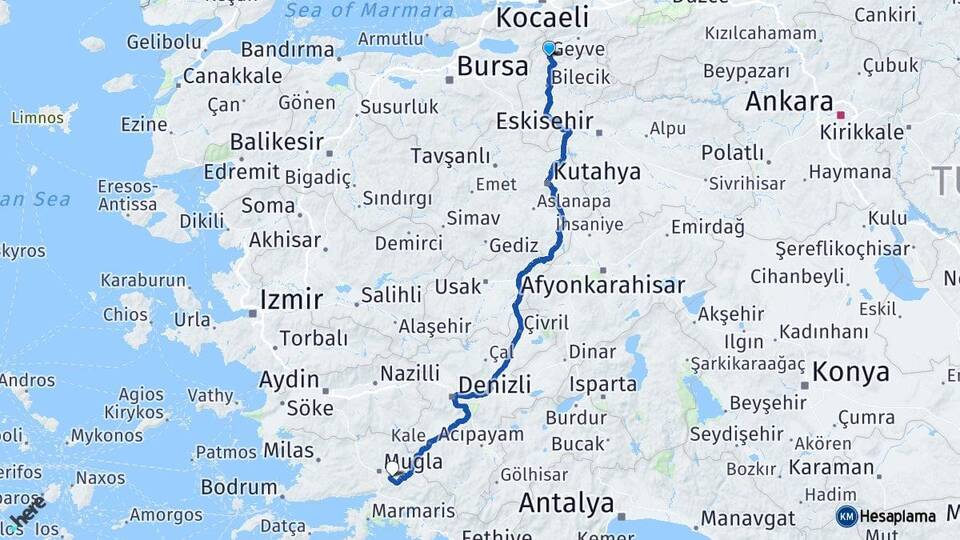 Bilecik Osmaneli Muğla Arası Kaç Km - Yol Haritası