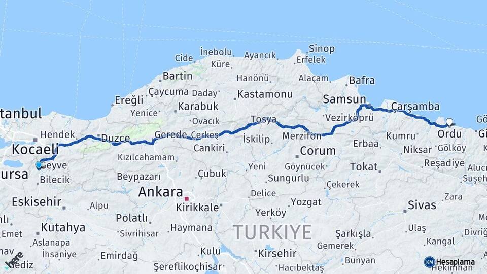 Bilecik Osmaneli Ordu Arası Kaç Km - Yol Haritası