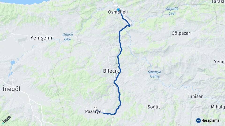 Bilecik Osmaneli Pazaryeri Arası Kaç Km - Yol Haritası