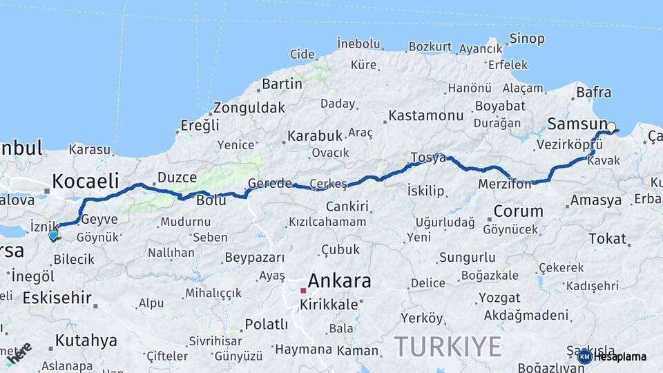 Bilecik Osmaneli Samsun Arası Kaç Km - Yol Haritası
