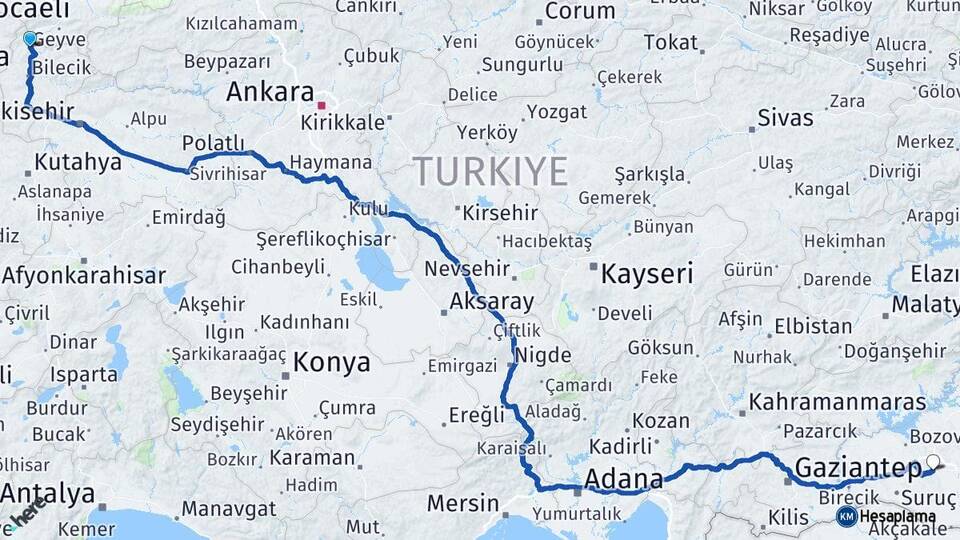 Bilecik Osmaneli Şanlıurfa Arası Kaç Km - Yol Haritası