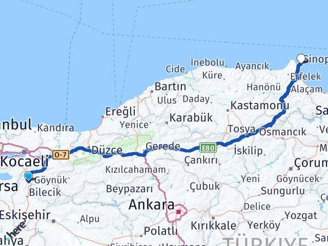Bilecik Osmaneli Sinop Arası Kaç Km - Yol Haritası