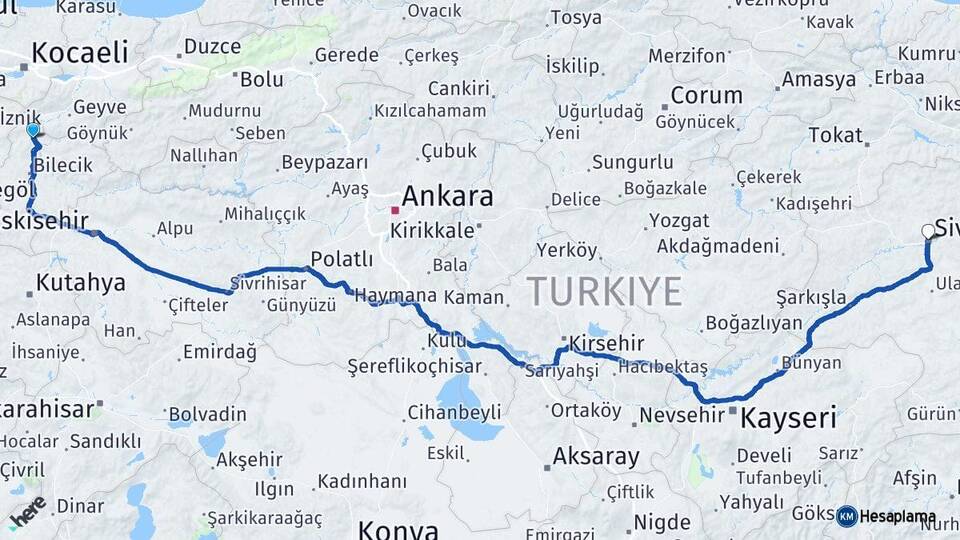 Bilecik Osmaneli Sivas Arası Kaç Km - Yol Haritası
