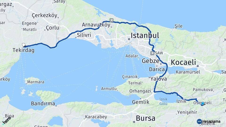 Bilecik Osmaneli Tekirdağ Arası Kaç Km - Yol Haritası