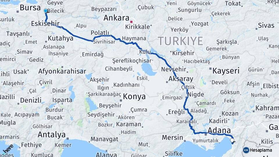 Bilecik Payas Hatay Arası Kaç Km - Yol Haritası