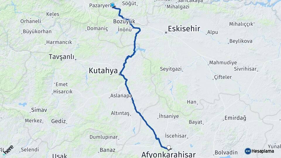 Bilecik Pazaryeri Afyonkarahisar Arası Kaç Km - Yol Haritası