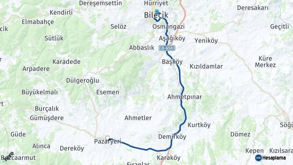 Bilecik Pazaryeri Arası Kaç Km - Yol Haritası