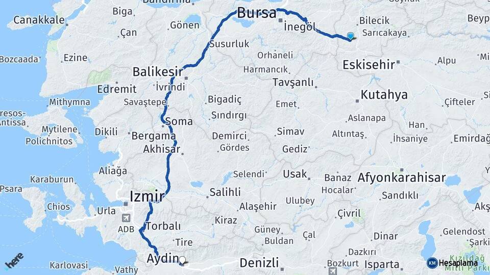 Bilecik Pazaryeri Aydın Arası Kaç Km - Yol Haritası