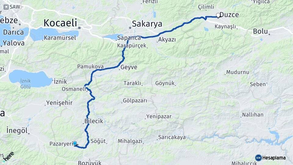 Bilecik Pazaryeri Düzce Arası Kaç Km - Yol Haritası