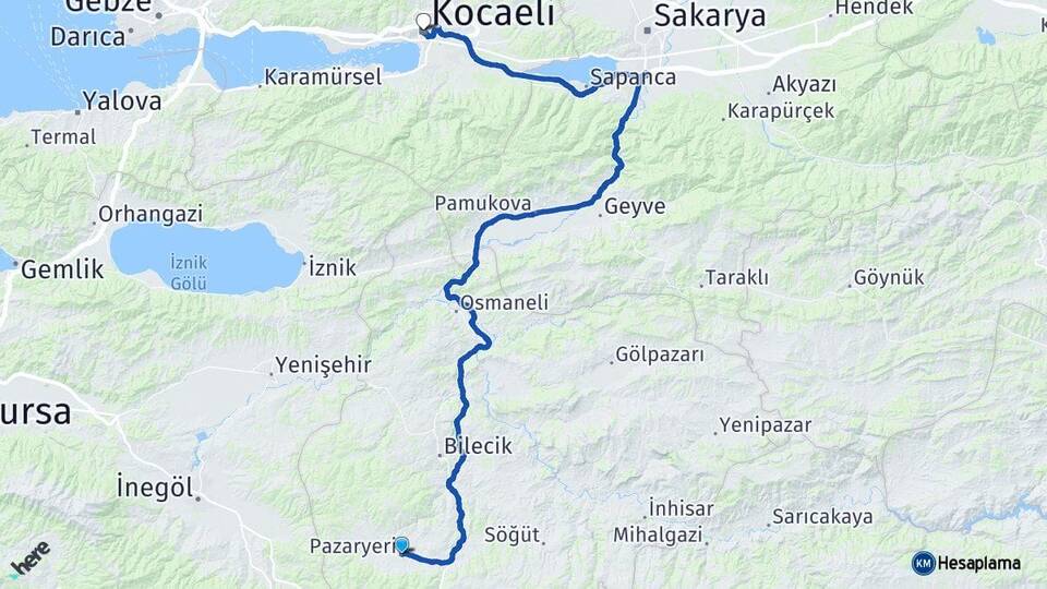 Bilecik Pazaryeri Kocaeli Arası Kaç Km - Yol Haritası