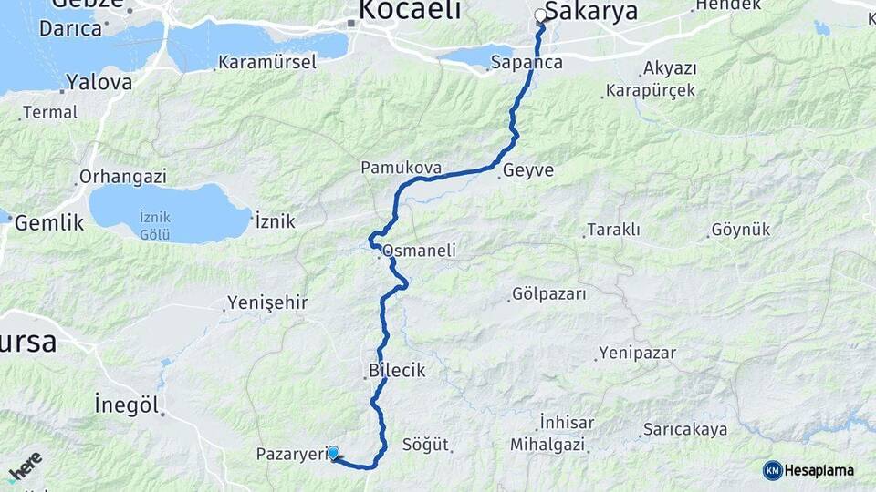Bilecik Pazaryeri Sakarya Arası Kaç Km - Yol Haritası