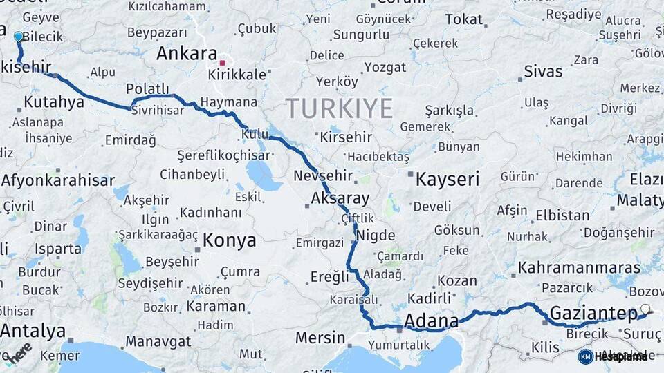 Bilecik Şanlıurfa Arası Kaç Km - Yol Haritası