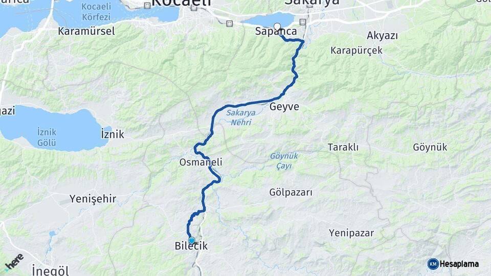 Bilecik Sapanca Sakarya Arası Kaç Km - Yol Haritası
