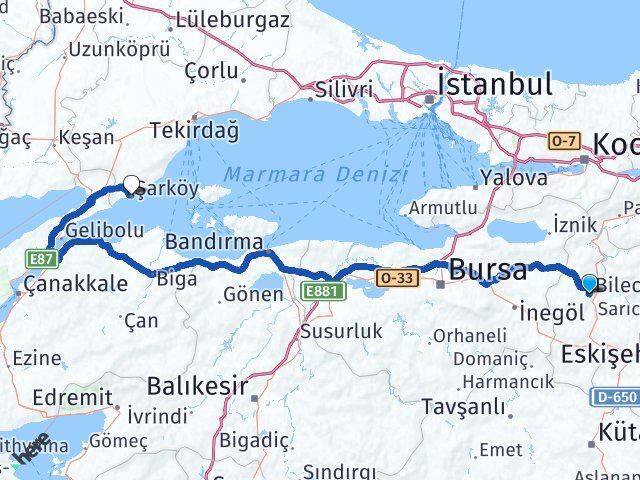 Bilecik Şarköy Tekirdağ Arası Kaç Km - Yol Haritası